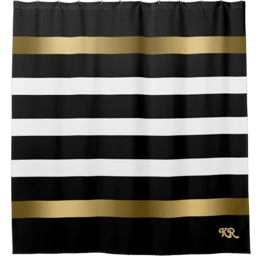 Zwart-witte strepen patroongouden accenten douchegordijn (Voorkant)
