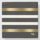 Zwart-witte strepen patroongouden accenten stenen onderzetter (Voorkant)