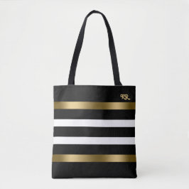 Zwart-witte strepen patroongouden accenten tote bag
