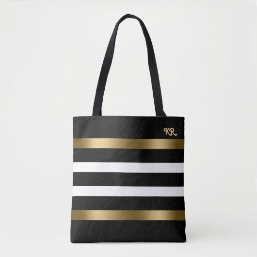 Zwart-witte strepen patroongouden accenten tote bag (Voorkant)