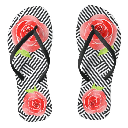 Zwart Witte Strepen Rode Rozen Teenslippers (Voetbed)
