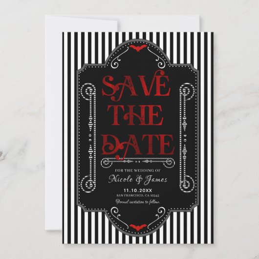 Zwart Witte Strepen Rood Gotisch Bruidsbad Bat Save The Date (Voorkant)