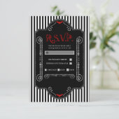 Zwart Witte Strepen Rood Gotisch Bruiloft RSVP Vle Kaartje (Staand voorkant)