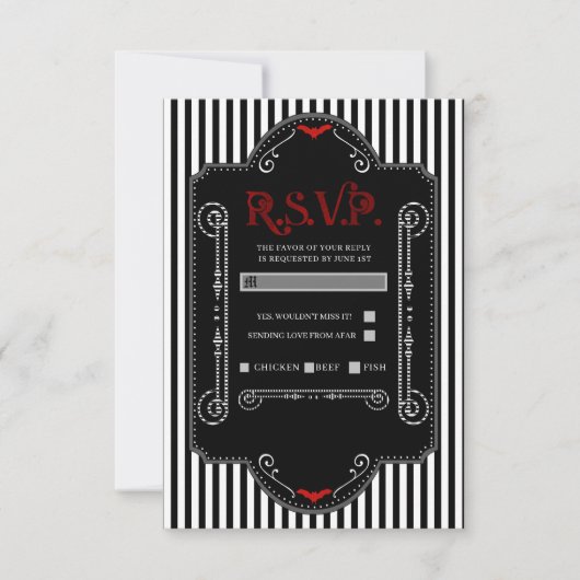 Zwart Witte Strepen Rood Gotische Bat Wedding RSVP (Voorkant)