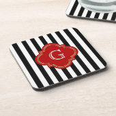 Zwart-witte strepen, rood-label monogram bier onderzetter (Linkerzijde)