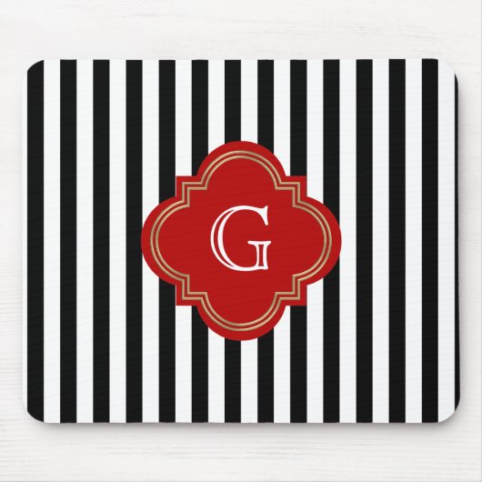 Zwart-witte strepen, rood-label monogram muismat (Voorkant)