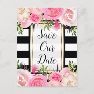 Zwart Witte Strepen Roze Bloemen Save The Date Aankondigingskaart
