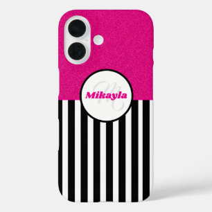 Zwart-witte strepen Roze glitter textuur iPhone 16 Hoesje