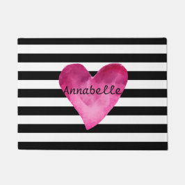 Zwart + witte strepen Roze Waterverf Hartbenaming Deurmat