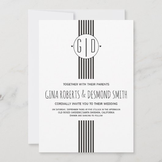 Zwart witte strepen, uitnodiging voor monogram bru (Voorkant)