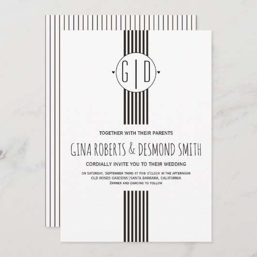 Zwart witte strepen, uitnodiging voor monogram bru (Voorkant / Achterkant)
