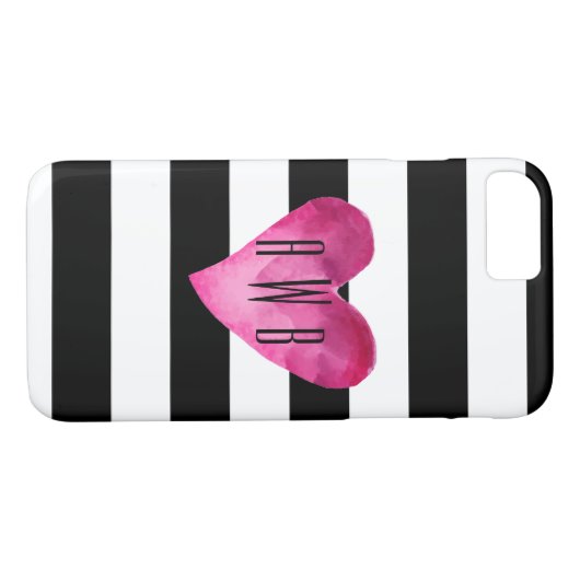 Zwart + witte strepen Waterverf Hartmonogram Case-Mate iPhone Case (Achterkant (Horizontaal))