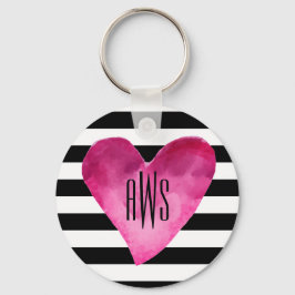 Zwart + witte strepen Waterverf Hartmonogram Sleutelhanger