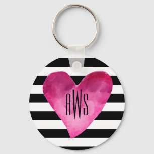 Zwart + witte strepen Waterverf Hartmonogram Sleutelhanger