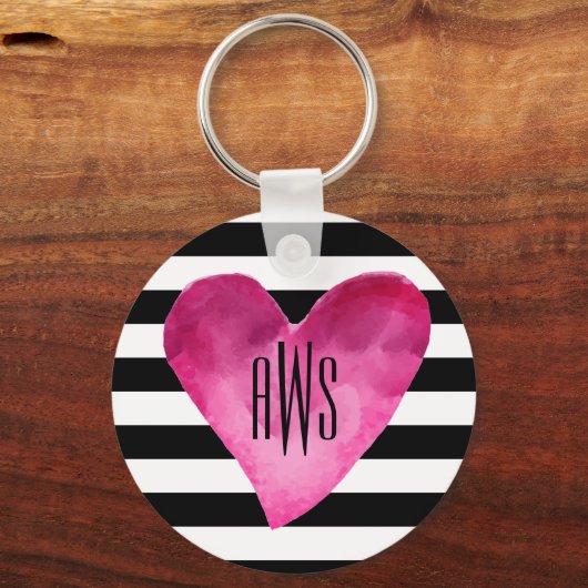 Zwart + witte strepen Waterverf Hartmonogram Sleutelhanger (Voorkant)