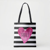 Zwart + Witte strepen Waterverf Roze hartbenaming Tote Bag (Voorkant)