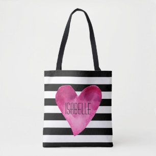 Zwart + Witte strepen Waterverf Roze hartbenaming Tote Bag