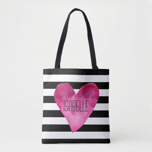 Zwart + Witte strepen Waterverf Roze hartbenaming Tote Bag (Voorkant)