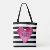 Zwart + Witte strepen Waterverf Roze hartbenaming Tote Bag (Achterkant)