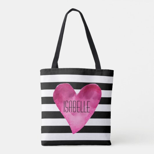 Zwart + Witte strepen Waterverf Roze hartbenaming Tote Bag (Achterkant)
