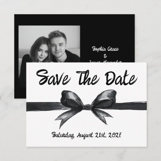 Zwart & Witte Strik | Elegante Bruiloft | Monochro Save The Date (Voorkant / Achterkant)
