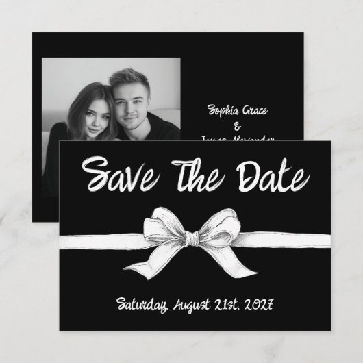 Zwart & Witte Strik | Elegante Bruiloft | Monochro Save The Date (Voorkant / Achterkant)