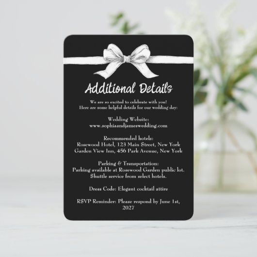 Zwart-witte strik | Elegante bruiloft | monochroom Informatiekaartje (Staand voorkant)