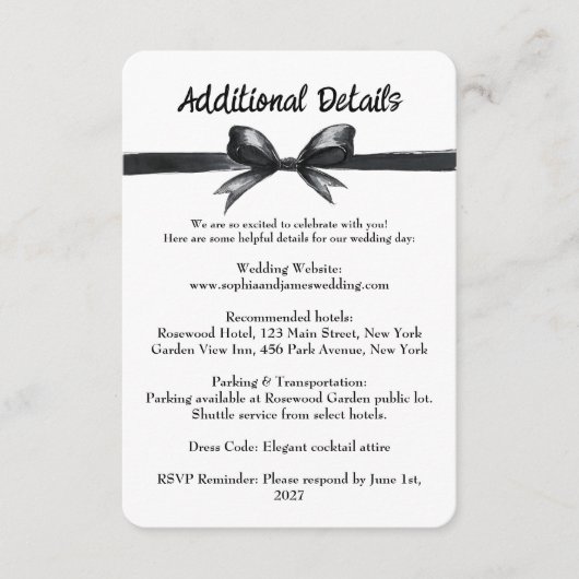 Zwart-witte strik | Elegante bruiloft | monochroom Informatiekaartje (Voorkant)
