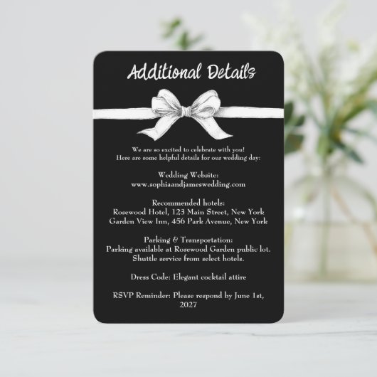 Zwart-witte strik | Elegante bruiloft | monochroom Informatiekaartje (Staand voorkant)