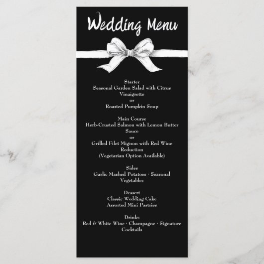 Zwart-witte strik | Elegante bruiloft | Monochroom Menu (Voorkant)