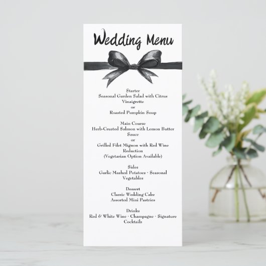 Zwart-witte strik | Elegante bruiloft | monochroom Menu (Staand voorkant)