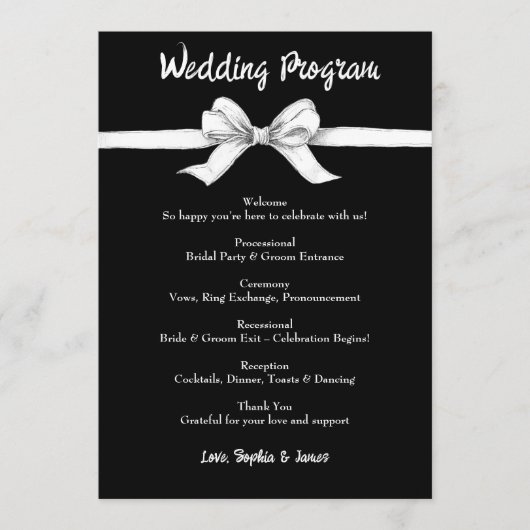 Zwart-witte strik | Elegante bruiloft | monochroom Programmakaart (Voorkant)