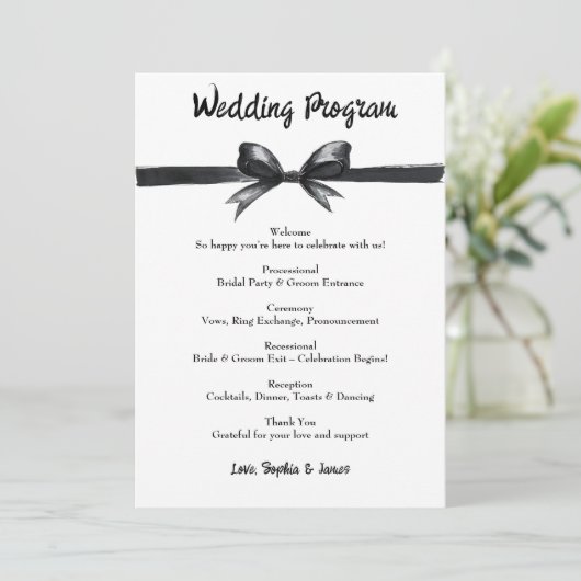 Zwart-witte strik | Elegante bruiloft | monochroom Programmakaart (Staand voorkant)