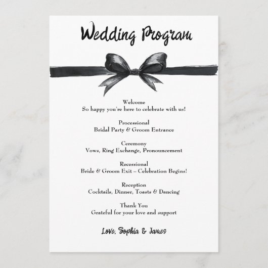 Zwart-witte strik | Elegante bruiloft | monochroom Programmakaart (Voorkant)