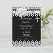 Zwart Witte Strik & Kanten Doop Uitnodiging (Staand voorkant)