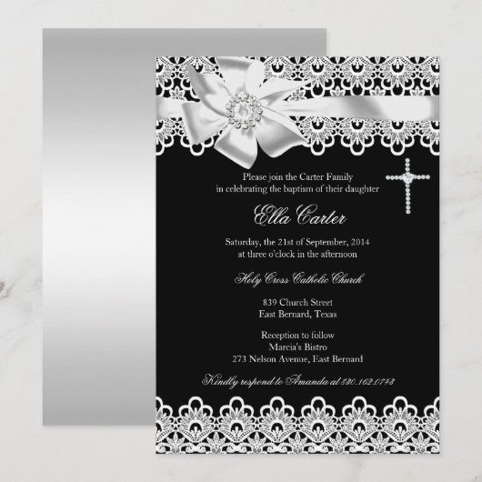 Zwart Witte Strik & Kanten Doop Uitnodiging (Voorkant / Achterkant)