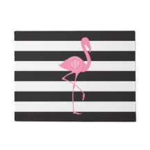 Zwart + Witte Stripes Monogram Flamingo Doormat