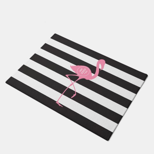 Zwart + Witte Stripes Monogram Flamingo Doormat Deurmat (Schuin)