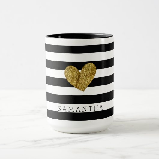 Zwart-witte strips Gold Heart Mok (Midden)