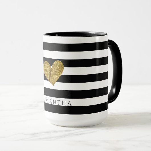 Zwart-witte strips Gold Heart Mok (Voorkant rechts)
