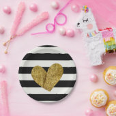 Zwart-witte strips Gold Heart Papieren Bordje (Feest)