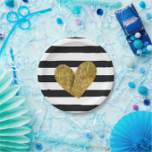 Zwart-witte strips Gold Heart Papieren Bordje (Feest)