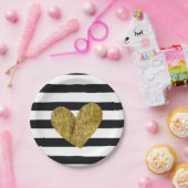 Zwart-witte strips Gold Heart Papieren Bordje (Feest)