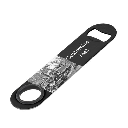 Zwart-witte  stuurmachinemotor speed flessenopener (Voorkant Gekanteld)