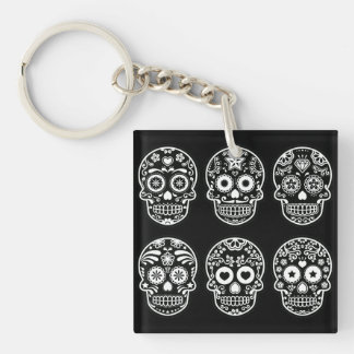 Zwart-witte suiker schedel Acryl Sleutelhanger