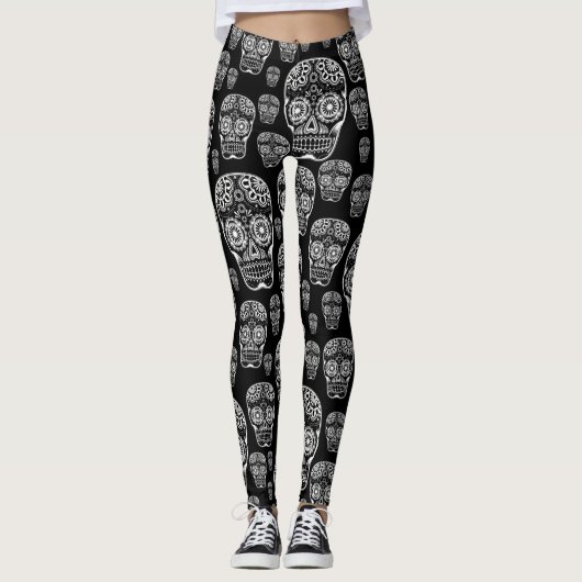 Zwart-Witte Suiker Schedel Leggings (Voorkant)
