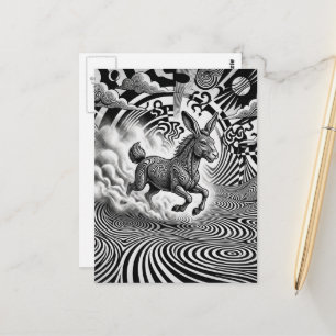 Zwart Witte Surrealistische Fantasie Konijn Paard Briefkaart