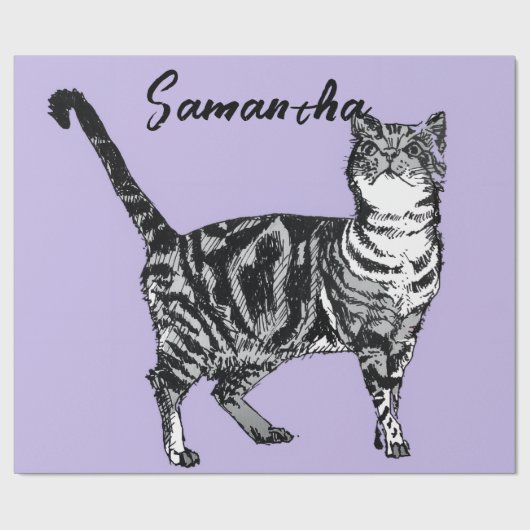Zwart-Witte Tabby Kat Meisjesnaam Paars Cadeaupapier (Vlak)