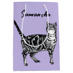 Zwart-Witte Tabby Kat Meisjesnaam Paars Medium Cadeauzakje