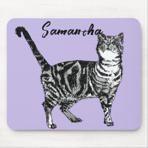 Zwart-Witte Tabby Kat Meisjesnaam Paars  Muismat
